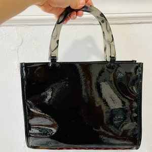 Preowned Neiman Marcus Marble Acrylic Resin Top Handle Tote Black Patent Leather
